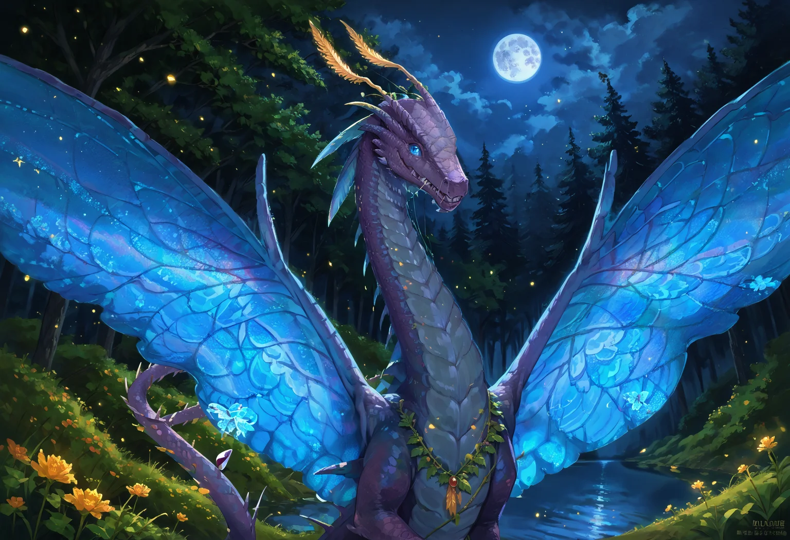 score_9, score_8_up, score_7_up, source_anime BREAK
forest, night, pond, bokeh, sparkles, moon, moonlight, trees, wildflowers, fireflies
a1vu, dragon, purple scales, blue eyes, wings, blue fairy wings, tail
looking at viewer, standing, smile, looking at viewer, teeth
<lora:ponydragon-xl-v1:1>
(cowboy shot:1.2), (dutch angle:1.2)
beautiful background, detailed scenery
<lora:A1VU:1>
<lora:add-detail-xl:1.6>