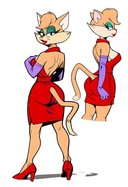 score_9, score_8_up, score_7_up, score_6_up, score_5_up, score_4_up, retro artstyle, BREAK
Tabitha_Fantomcat,cat girl,short hair,1girl, solo, dress, makeup,cat tail, furry, furry female,black eyes, high heels, gloves, elbow gloves, red dress, eyeshadow, backless dress, white background, backless outfit,short hair, animal ears, breasts, simple background, red footwear, purple gloves, looking at viewer, lipstick, full body, looking back, ass, standing, bare shoulders
<lora:tabitha-v1:1>