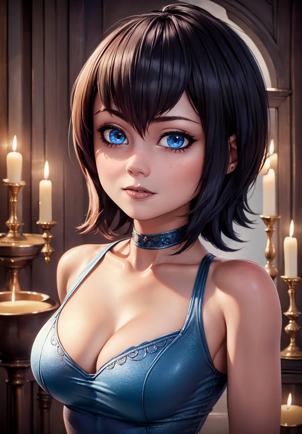 1girl, sfw, <lora:mavis_dracula:0.8>, mavis_dracula, 1girl, solo,, light skin, quarter turn,1/4 body pose, upper body view, eyes focus, looking at the viewer, (flirty facial expression:1.3), blue eyes, petite body, in early twenties, petite breasts, goth outfit, luxurious spa with candlelit ambiance, (masterpiece, best quality, absurdres, detailed, ultra-detailed:1.3), alluring, (highly detailed, high quality:1.3)
