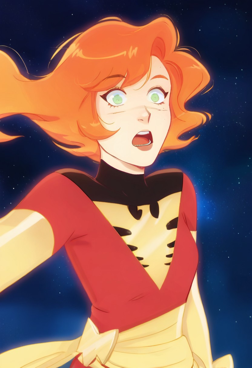 score_9, score_8, score_7, source_anime, tldrjeangrey, floating hair, superhero, shirt, surprised, galaxy, yellow bodysuit, sash, close-up, short hair, boots