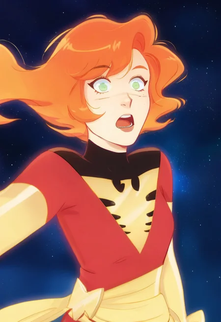 score_9, score_8, score_7, source_anime, tldrjeangrey, floating hair, superhero, shirt, surprised, galaxy, yellow bodysuit, sash, close-up, short hair, boots
