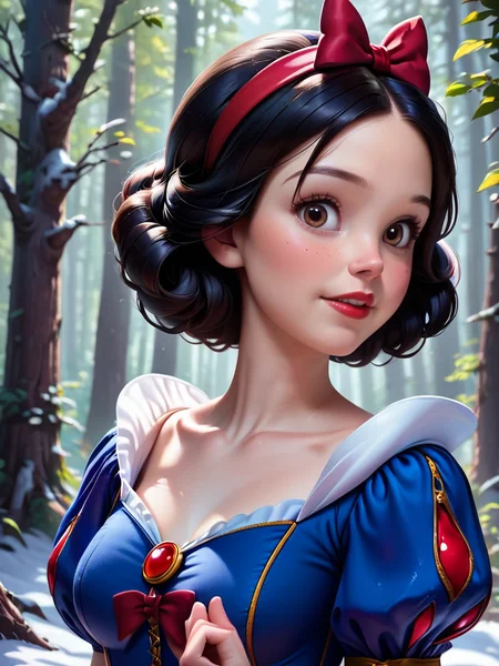 score_9, score_8_up, score_7_up, princess outfit, snow white, A close-up portrait of a girl with a bow in her hair, set in a forest setting, 1girl, solo, looking at viewer, blush, smile, short hair, brown hair, black hair, hair bow, brown eyes, collarbone, upper body, hairband, outdoors, parted lips, day, blurry, tree, freckles, realistic, nose, nature, red bow,   
 <lora:princess_rc_pony_v2:0.8>