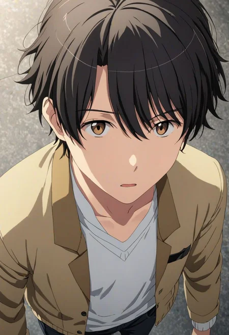 Highres, Masterpiece, High Quality, 4K, 8K, solo, 1Boy, Soujirou Agata, brown eyes, black hair, standing, straight facing upwards, casual, seen from above, arrogant face, dominant, intimidate, easynegative, detailed_eye_model