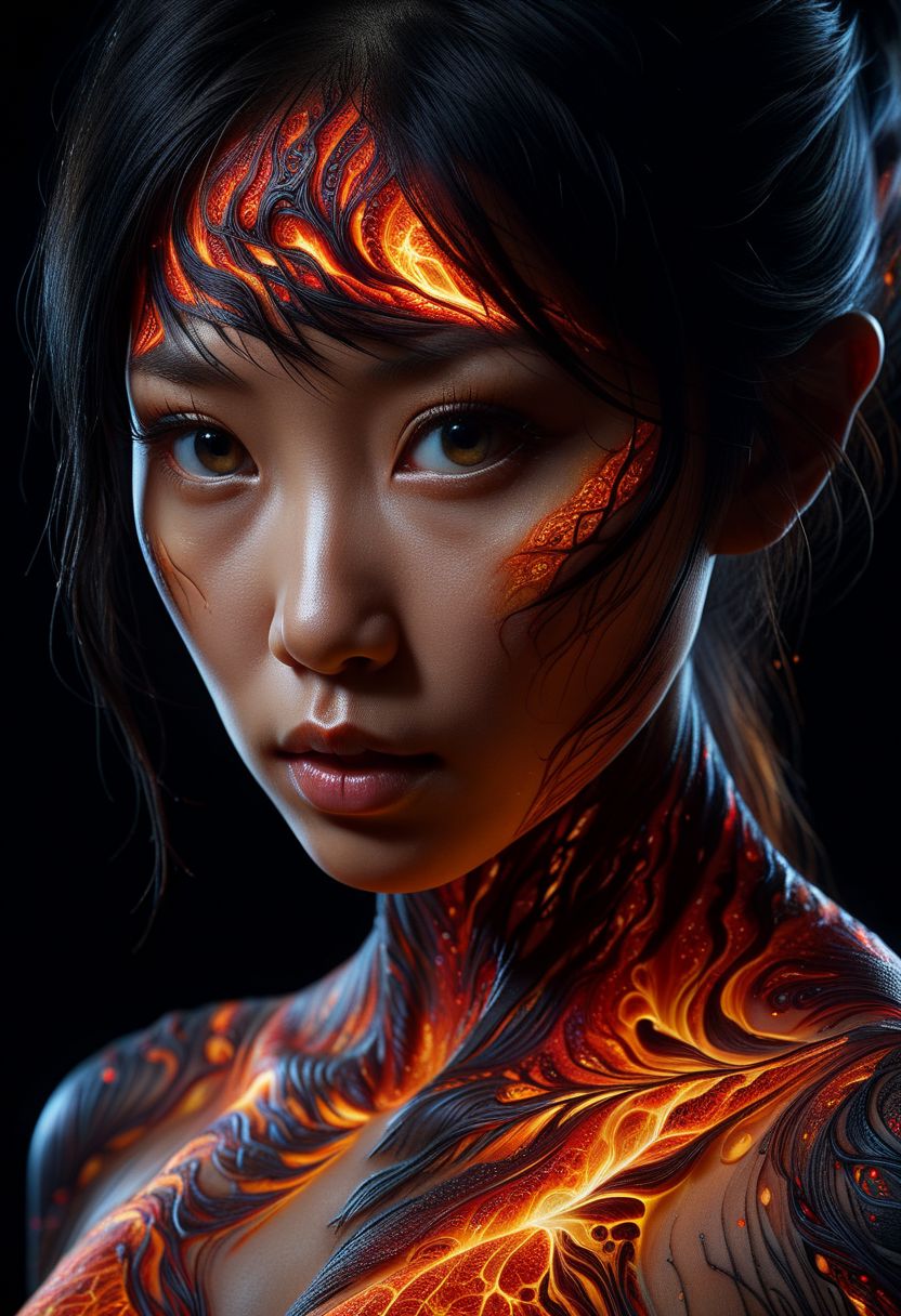 Close-up face, mysterious silhouette of a asian woman ral-lava clothing, backlit, alluring goddess, by Minjae Lee, Carne Griffiths, Emily Kell, Steve McCurry, Geoffroy Thoorens, Aaron Horkey, Jordan Grimmer, Greg Rutkowski, amazing depth, double exposure, surreal, geometric patterns, intricately detailed, bokeh,  perfect balanced, deep fine borders, artistic photorealism , smooth,  great masterwork by Suiras  <lora:add-detail-xl:2>  <lora:Double_Exposure:0.5>