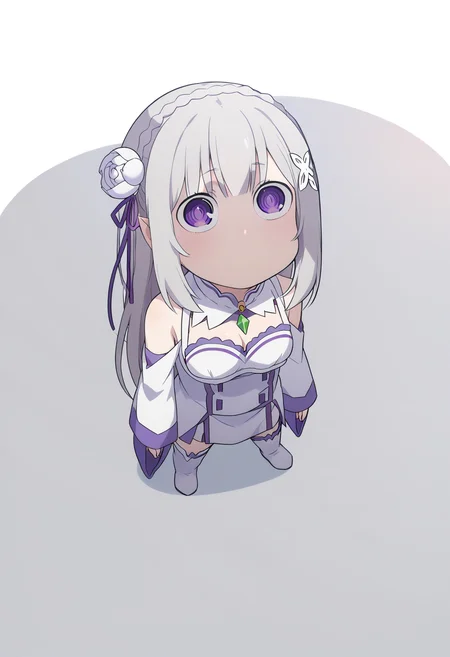 score_9, score_8_up, score_7_up, source_anime,
BREAK
1girl, solo,
<lora:shiEmiliaV2:1> shimilia, long hair, grey hair, purple eyes, pointy ears, crown braid, hair flower, hair ribbon, purple ribbon, x hair ornament, white dress, cleavage, bare shoulders, wide sleeves, white thighhighs, thigh boots,
<lora:shiBoobShadowV3:1.0>,
1girl, solo, shingleshadowmeme, meme, wide-eyed, breast shadow, wide-eyed, solid circle eyes, no mouth, closed mouth,
looking up, standing, full body,
simple background, white background, shadow, chibi, meme,