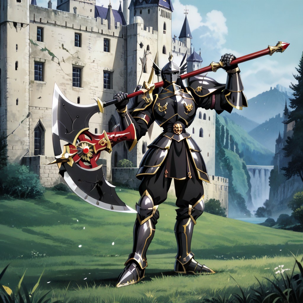 score_9, score_8_up, score_7_up, score_6_up, score_5_up, score_4_up, source_anime,NCRender,retro artstyle,black armored knight,spiked armor,holding axe,full body,dynamic pose,castle,outdoors
