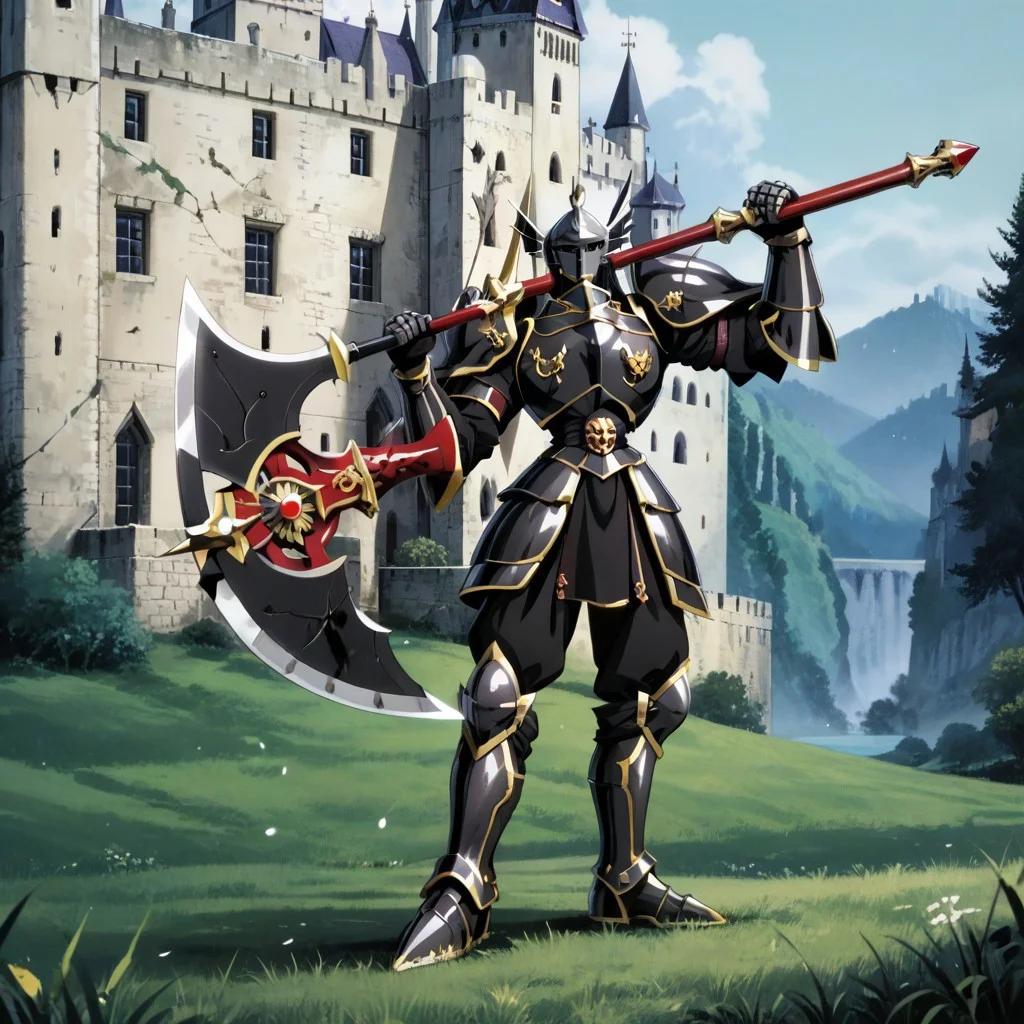 score_9, score_8_up, score_7_up, score_6_up, score_5_up, score_4_up, source_anime,NCRender,retro artstyle,black armored knight,spiked armor,holding axe,full body,dynamic pose,castle,outdoors