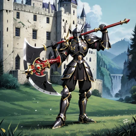 score_9, score_8_up, score_7_up, score_6_up, score_5_up, score_4_up, source_anime,NCRender,retro artstyle,black armored knight,spiked armor,holding axe,full body,dynamic pose,castle,outdoors