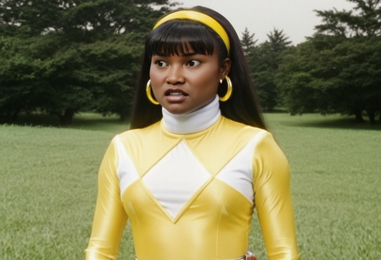 thick yellow energy beam, thick yellow energy beam, thick yellow energy beam wrapped tightly around waist of female yellow power ranger Ellie, 1girl, alone, 18-year-old very-dark-skinned black woman, yellow headband, yellow hairband, centre-parting voluminous straight shoulder-length with bangs haircut, dark-skinned, fringe, black hair, brown eyes, helmetless, wearing yellow power ranger costume, yellow spandex catsuit, white collar, white gloves, large chunky steel hoop earrings, talking, concerned facial expression, standing square-on, both arms down by sides, torso shot, in action in grassy meadow, hyperdetailed photography