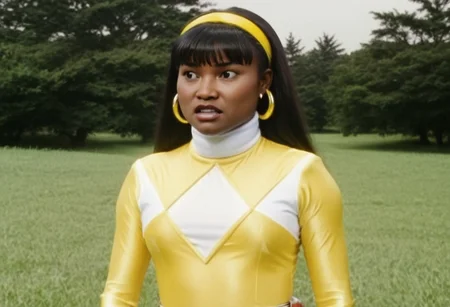 thick yellow energy beam, thick yellow energy beam, thick yellow energy beam wrapped tightly around waist of female yellow power ranger Ellie, 1girl, alone, 18-year-old very-dark-skinned black woman, yellow headband, yellow hairband, centre-parting voluminous straight shoulder-length with bangs haircut, dark-skinned, fringe, black hair, brown eyes, helmetless, wearing yellow power ranger costume, yellow spandex catsuit, white collar, white gloves, large chunky steel hoop earrings, talking, concerned facial expression, standing square-on, both arms down by sides, torso shot, in action in grassy meadow, hyperdetailed photography