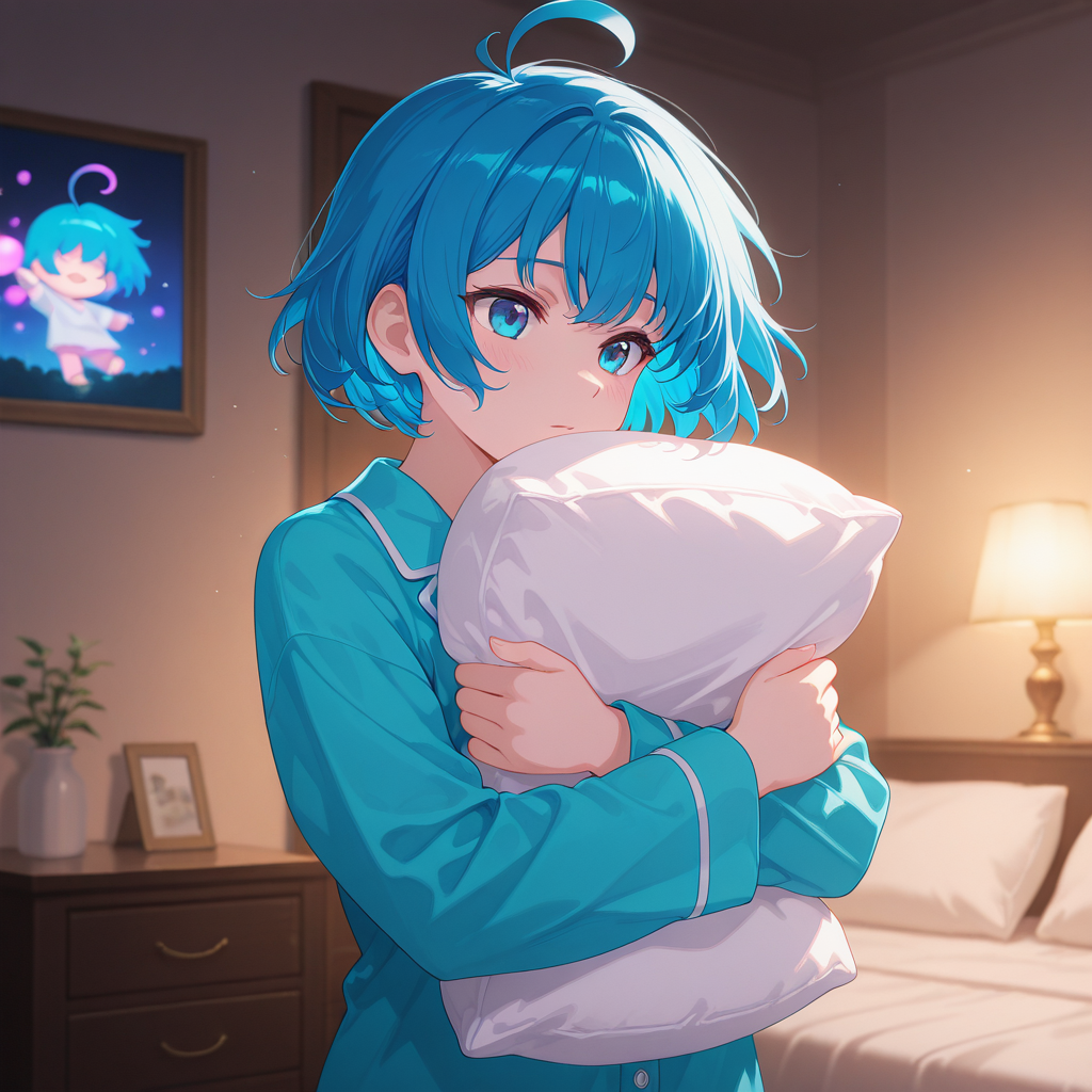 deep contrast, luminous lighting, cinematic ambiance, best quality, colorful, masterpiece, detailed_background, ethereal glow, 
<lora:sk-alchemist-v2-09:0.7> sk-aellie, 1girl, blue hair, (young), blue eyes, upper body, bedroom, pajamas, holding pillow,