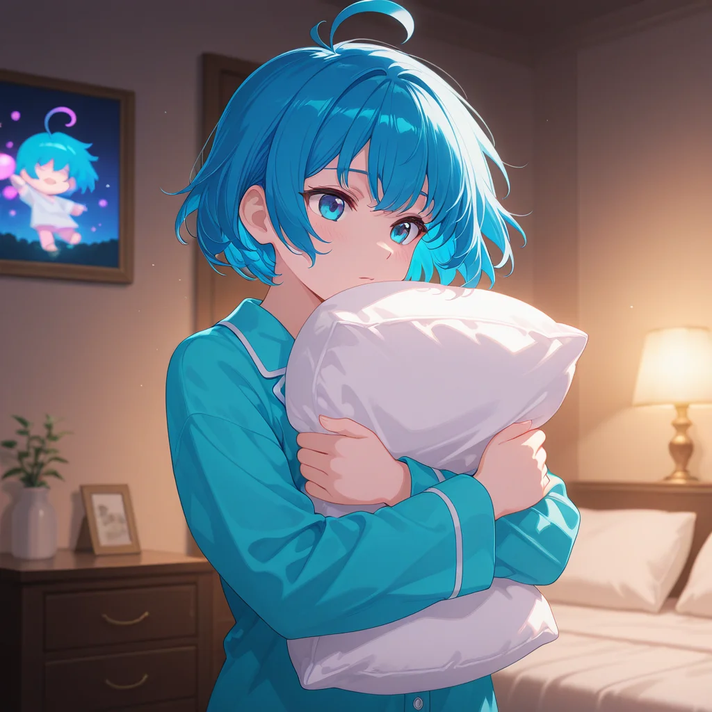 deep contrast, luminous lighting, cinematic ambiance, best quality, colorful, masterpiece, detailed_background, ethereal glow,
<lora:sk-alchemist-v2-09:0.7> sk-aellie, 1girl, blue hair, (young), blue eyes, upper body, bedroom, pajamas, holding pillow,