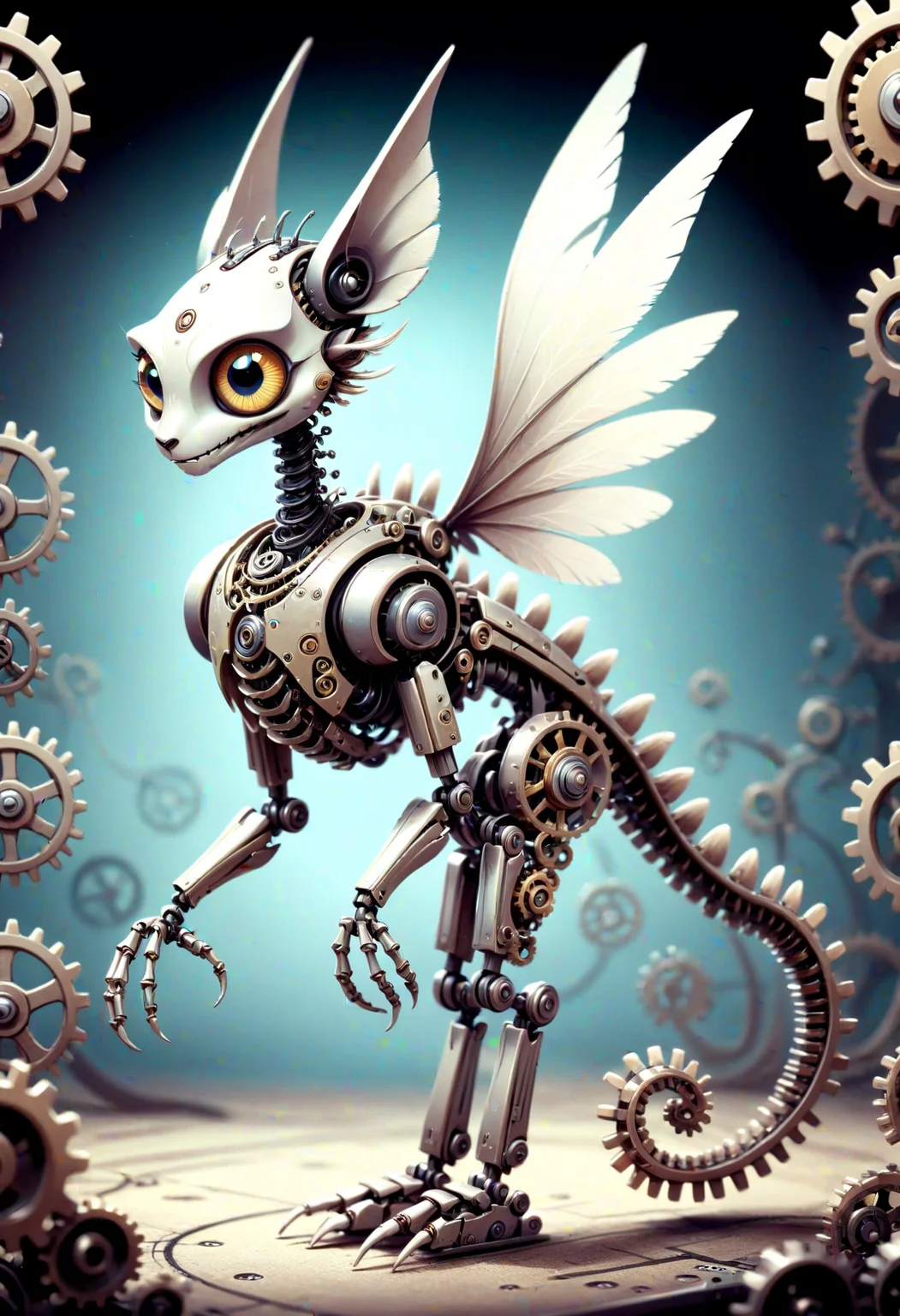 DonMD4rkT00nXL 2D illustration small whimsical undulating polished robotic existence, legless single-armed, furry appendages, long-tailed, iridescent skin, mechanical wings made of gears and cogs and clockwork, <lora:DonMD4rkT00nXL-000008:1>