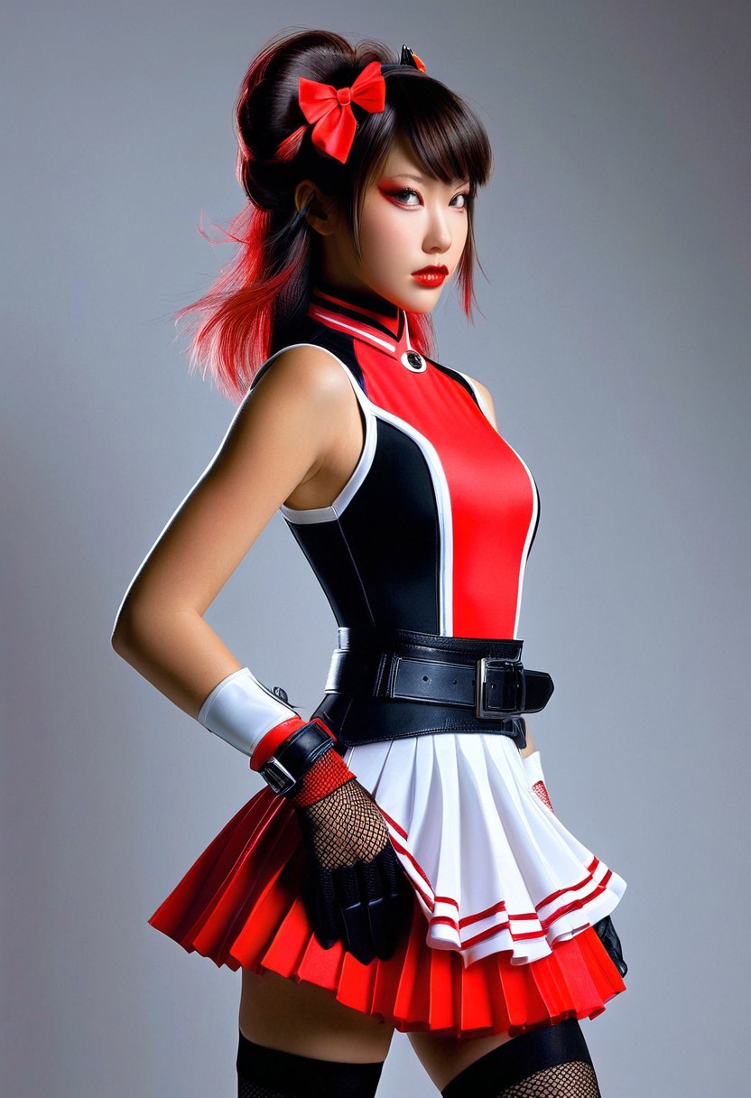 A hyper-realistic portrait of a girl's upper body, dressed in a vibrant red and black costume with white accents, featuring a sleeveless red dress with a white mesh panel, cinched at the waist with a black belt, paired with a pleated red mini skirt, black thigh-high stockings, and black fingerless gloves, her hair adorned with a red bow accessory, and black boots, set against a stark, high-contrast background with dramatic lighting, highlighting the intricate textures and folds of the costume, in a style reminiscent of high-fashion photography, with ultra-detailed, crisp lines and a bold color palette.