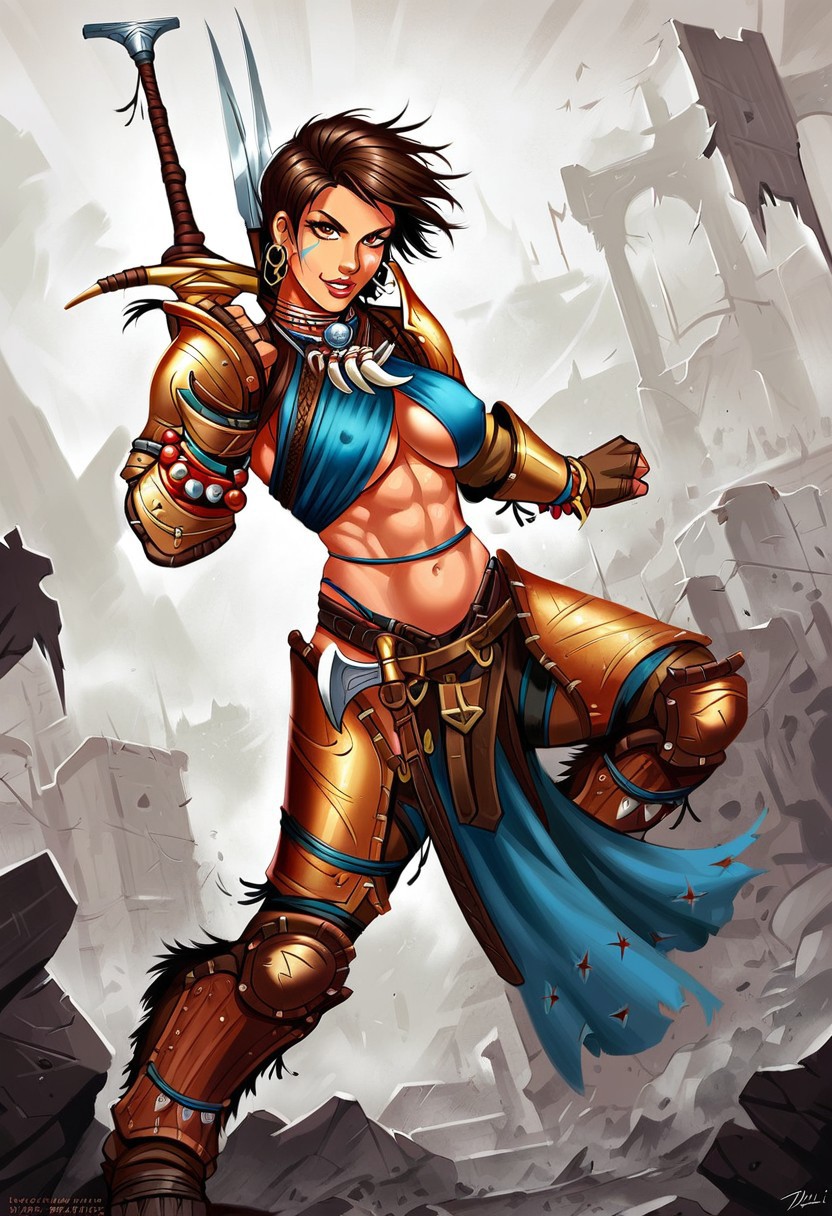 AmiriPathfinder,1girl,solo,armor,sword,brown hair,jewelry,midriff,navel,abs,earrings,shoulder armor,scars,pauldrons,large breast,muscular female,tattoos,underboob,belt,brown eyes,necklace,boots,gloves,short hair,lips,facial tattoo,beads,bracelets,greaves,pelvic curtain,legs armor,bracer,leather bracers,leather armlet,leather armor,sheath,,seductive pose,ruins,sexual pose,dat ass,spread legs,
score_9, score_8_up, score_7_up, beautiful aesthetic, very intricate, high quality details,vibrant, highly detailed, award-winning, professional,anime artwork, anime style, studio anime, athletic, toned female,muscular milf,curvy body, athletic girl,fit girl, perky tits,huge breast,perfect tits, round breasts, nipple outline,looking at viewer, pinup pose,teasing, dynamic lighting, cinematic, smug, better than you, aura of temptation, highly detailed, high resolution, masterpiece, detailed clother, detailed background, highly detailed, ((sound effects)) comic layout,
