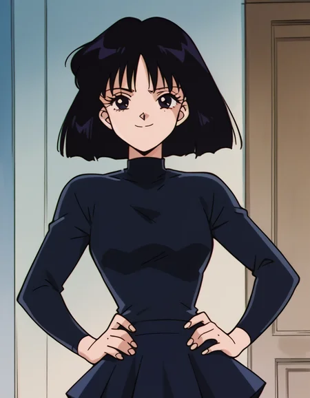 score_9, score_8_up, score_7_up, source_anime, <lora:hotaru-tomoe-s3-ponyxl-lora-nochekaiser:1>, hotaru tomoe, short hair, black hair, black eyes,, pantyhose, shirt, long sleeves, skirt, turtleneck,, indoors, smug, smile, looking at viewer, solo, hands on hips,, cowboy shot, dutch angle