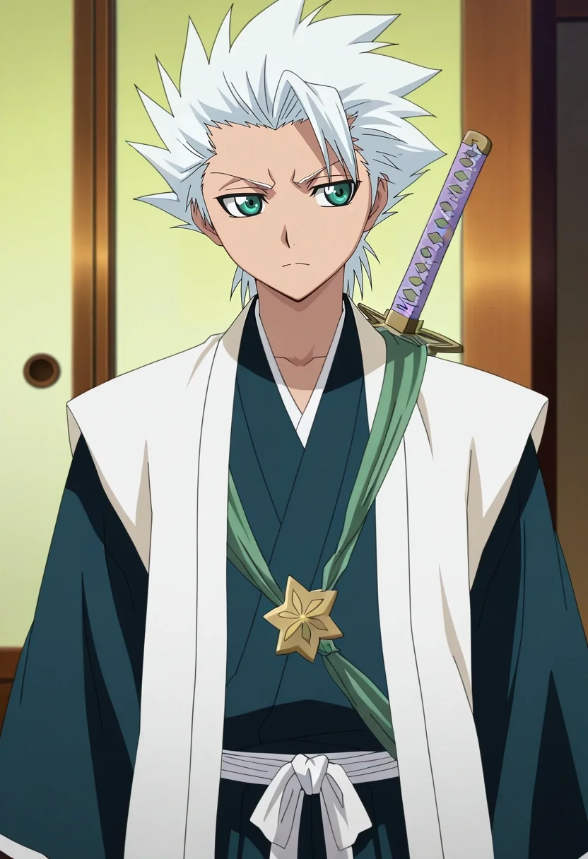 masterpiece, best quality, , anime screencap, , , , , 1boy, solo, male focus, <lora:toushirou_hitsugaya_ilxl:0.98>, toushirou_hitsugaya, white hair, green eyes, spiked hair, short hair, japanese clothes, haori, sword