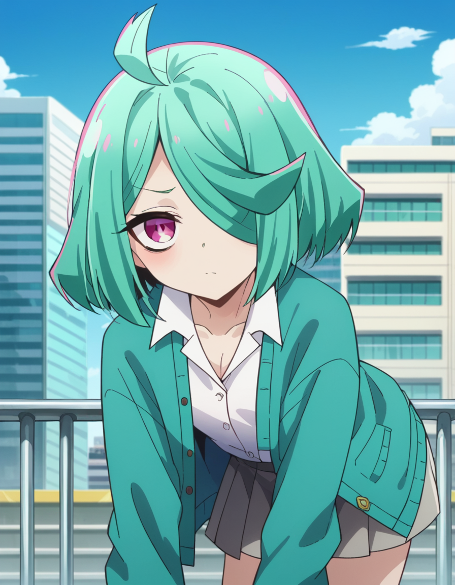score_9, score_8_up, score_7_up, source_anime,
nemoanemo, <lora:nemo-anemo-ponyxl-lora-nochekaiser:1>
nemo anemo, short hair, green hair, pink eyes, hair over one eye, aqua hair, ahoge,
skirt, shirt, white shirt, cardigan, grey skirt,
outdoors, cityscape, bent over,
looking at viewer, dutch angle, cowboy shot