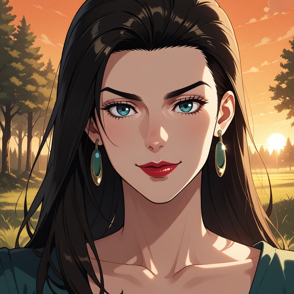 score_9, score_8, BREAK, solo, Lisa Lisa,JoJo's Bizarre,black hair,long hair,mature woman,earring,lipstick,makeup, sexy pose, self portrait, smile, looking at viewer, outdoors, sunlight, shadows, evening lighting, natural lighting, forest, trees, grass, orange sky, sunset
