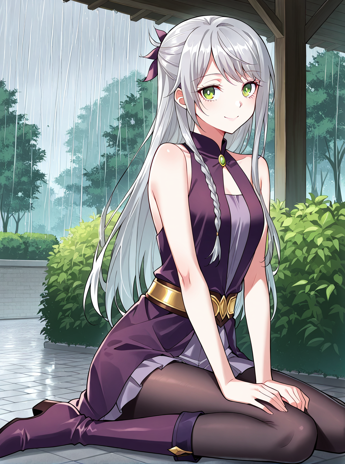 <lora:Ye_Liuli__I_am_the_Fated_Villain__Illustrious:1>
1 girl, solo, gray hair, loose hair, long hair, small braid, green eyes, small breasts
purple dress, short skirt, black tights, purple boots, sleeveless dress, bare shoulders, gold belt
score_9, score_8_up, score_7_up, very aesthetic, source_anime, detailed, high quality, beautiful, detailed eyes, masterpiece, best quality, absurdres, perfect anatomy, 1girl, solo, wariza, sitting, hands on own knees, garden background, charming smile, rain