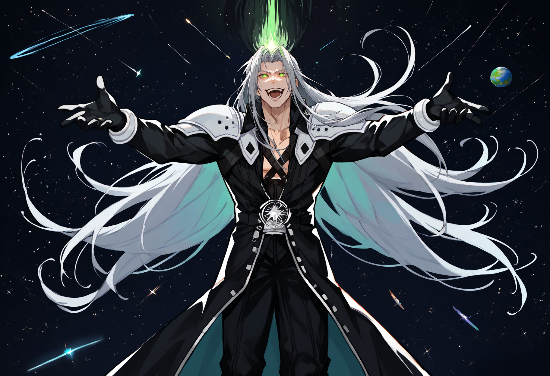 score_9, score_8_up, score_7_up, source_anime, <lora:StS_PonyXL_Detail_Slider_v1.4_iteration_3:3>, space, (meteor,:1.2), floating hair, black background, star \(sky\), planet, abstract background,
<lora:FFVII_Sephiroth_V1.0:1> sephiroth, official outfit, 1boy, solo, long hair, grey hair, armor, open clothes, shoulder armor, long sleeves, pectorals, black jacket, jacket, very long hair, parted bangs, black gloves, high collar, long bangs, black coat, green eyes, slit pupils, looking at viewer, crazy eyes, laughing, insanity, spread arms, (magic aura, glowing:1.3), open mouth, full body, feet out of frame,