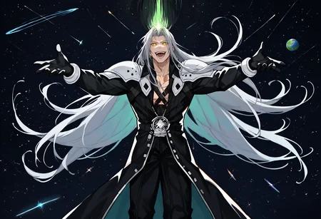 score_9, score_8_up, score_7_up, source_anime, <lora:StS_PonyXL_Detail_Slider_v1.4_iteration_3:3>, space, (meteor,:1.2), floating hair, black background, star \(sky\), planet, abstract background,
<lora:FFVII_Sephiroth_V1.0:1> sephiroth, official outfit, 1boy, solo, long hair, grey hair, armor, open clothes, shoulder armor, long sleeves, pectorals, black jacket, jacket, very long hair, parted bangs, black gloves, high collar, long bangs, black coat, green eyes, slit pupils, looking at viewer, crazy eyes, laughing, insanity, spread arms, (magic aura, glowing:1.3), open mouth, full body, feet out of frame,