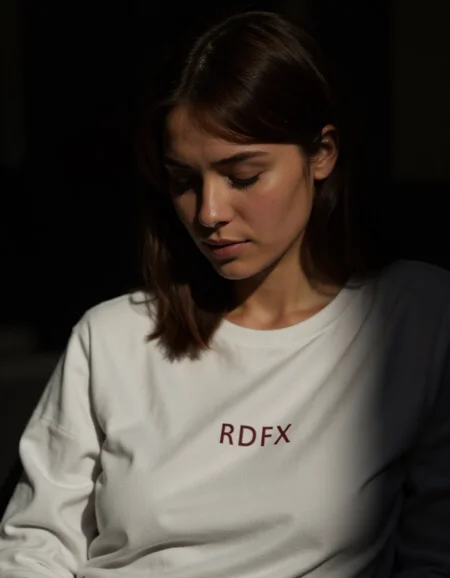 realistic beautiful instagram digital influencer woman 25 years old, closed mouth not showing teeth , low light,white shirt with "RDFX" written on it,dramatic light