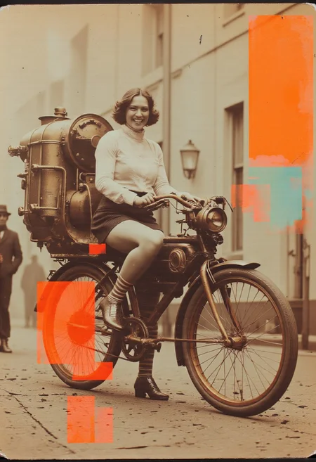 A vintage photograph captures a beautifully crafted steampunk bicycle with an intricate mechanical design. The bicycle features an elaborate network of brass pipes, exposed gears, and riveted metal plates. A large boiler-like contraption is mounted on the rear, releasing soft plumes of water vapor into the air. The wheels have reinforced spokes with decorative brass details, and the handlebars are adorned with intricate levers and gauges. Every bolt and screw on the frame adds to the industrial aesthetic, giving the vehicle a handcrafted, almost fantastical appearance.Beside the bicycle, a woman stands laughing at the camera, exuding charm and confidence. She wears striped stockings, a short corduroy skirt, and a blouse with delicate lace details. Her hair is styled in an elegant 1920s fashion, complete with soft curls framing her face. Her joyful expression adds a sense of spontaneity to the scene, as if she has just stepped out of a time-traveling adventure.The photograph itself has an aged, worn quality. However, scattered throughout the image are striking, glitch-like geometric shapes in neon orange. These shapes do not appear as artificial overlays but rather as if they are part of the environment—floating, melting into the light, and subtly distorting the space around them. They resemble fractured, otherworldly patterns, seamlessly blending with the mechanical elements of the scene, creating an uncanny fusion of past and future. dmpfm07, neon-mist