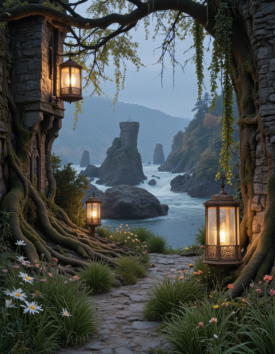 <lora:Medieval_Worlds_Special_fl:1> medieval, very detailed, river, moss, illuminated, lanterns, flowers, roots, grass, mw01out, realistic photo, bokeh, white, gold, T2, T8, green, fantasy, T10, landscape, rocks, tree, vegetation, moss, rough sea, waterfall, sunset, blue, orange, yellow, brown, mist, autumn,