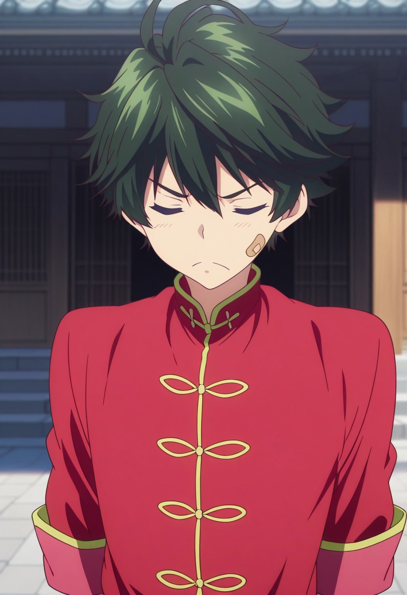 masterpiece,best quality,amazing quality, source_anime, 
HaruhikoIchijo, 1boy, male focus, solo, closed eyes, green hair, bandaid, tangzhuang, red shirt, chinese clothes, frown, outdoor,