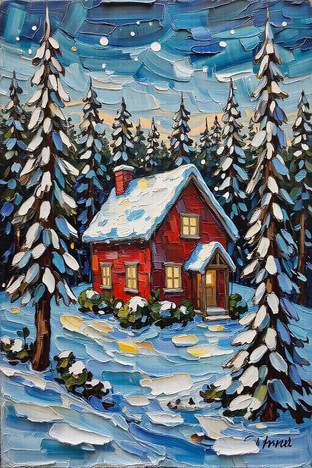impasto oil painting. 
a beautiful house at christmas, snowing, forest background  <lora:impasto_nocap_d6a3:1.0> <lora:Flux-Sch-SingleBlocks-BF16:1.0><lora:802459767038630610:0>