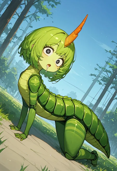 score_9, score_8_up, score_7_up, score_6_up, score_5_up, score_4_up, Expressiveh, (feral caterpillar girl:1.2), full body shot, rearing up, perky breasts, green caterpillar, open mouth, cute, petite, (arms down at sides), single orange horn, (two-pronged horn), green body, leaves, looking at viewer, ((crawling, slithering, many legs:1.2), big bulbous head, long body, gigantic eyes, expressionless mouth, (wide eyes:1.2), short centipede legs:1.4), black eyes, black irises, (dilated eyes), yellow sclera, big eyes, outdoors, blue sky, sunny day, black stripes, drooling strings of white webbing, yellow underside, (dutch angle, diagonal view, side view:1.3)