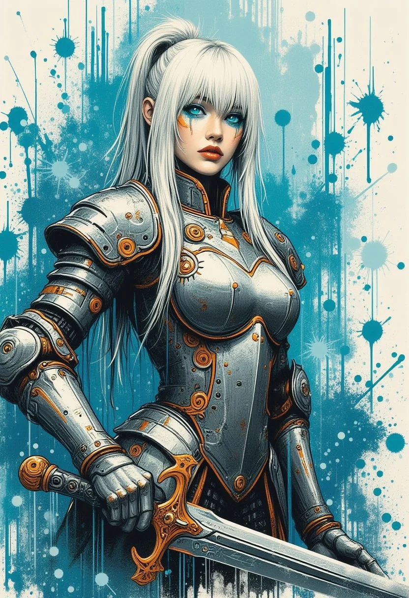 splash art masterpiece painting depicting a stunning female knight, trophy-adorned silver armour, no helmet, glowing blue eyes, white hair, bangs, blue eyeshadow, thin red lips, holding huge sword, dynamic pose, paint splashes, mad-cbrpnksplshrt,