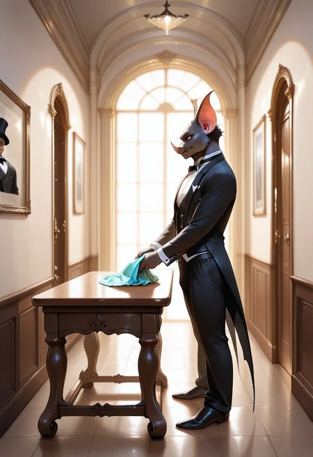 lazympos, AnthroBat,
1boy, butler, standing, cleaning table, in hallway, from side