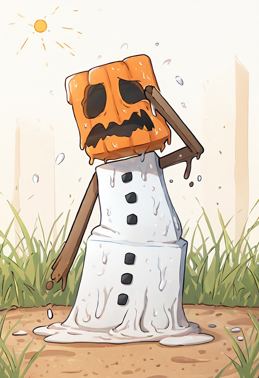 masterpiece, best quality, amazing quality, very aesthetic, absurdres, newest, detailed background, foreground blur, volumetric lighting, sharp, 4k, hd, 
snowglm, no humans, white body, pumpkin head, solo, standing, cube head, cube body, stick hands, brown arms, sharp mouth, big mouth, square eyes, empty eyes, no pupils, black sclera, black mouth, 
bright day, belting, on puddle, wiping forehead, exhausted, sweating, facing viewer, bright sun, melting, dripping, puddle, sunny day, grass,