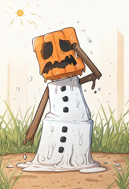 masterpiece, best quality, amazing quality, very aesthetic, absurdres, newest, detailed background, foreground blur, volumetric lighting, sharp, 4k, hd,
snowglm, no humans, white body, pumpkin head, solo, standing, cube head, cube body, stick hands, brown arms, sharp mouth, big mouth, square eyes, empty eyes, no pupils, black sclera, black mouth,
bright day, belting, on puddle, wiping forehead, exhausted, sweating, facing viewer, bright sun, melting, dripping, puddle, sunny day, grass,