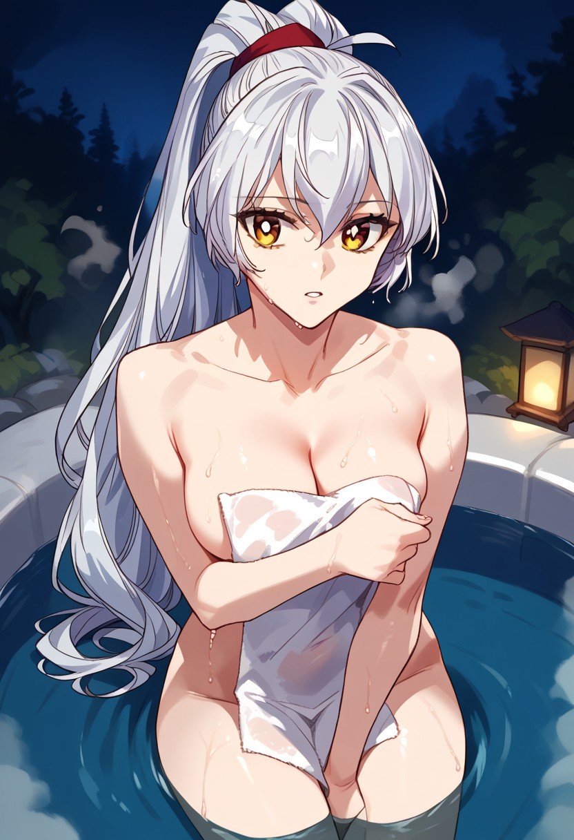 zPDXL3, score_9_up, score_8_up, score_7_up, (Anime_source), 1girl, Aristia, amber eyes, white hair, long hair, Ponytail, nude, towel, covering, parted lips, sitting in hot tub, outside, night, trees, cowboy shot, steam, wet, looking at viewer, from above
