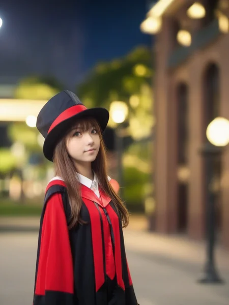 night, light, depth_of_field, 1girl, building, close up, cosplay photo, solo,hat, looking_at_viewer <lora:sysuv9:0.7>