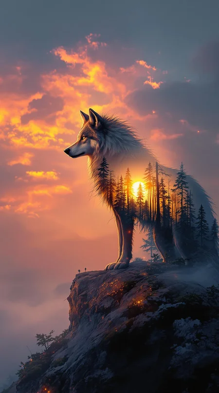 A majestic wolf standing on a cliff at sunset, created with a dreamy double exposure effect showing a misty forest inside its silhouette, combined with expressive oil brushstrokes for texture and depth, cinematic lighting, surreal atmosphere