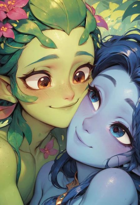 score_9, score_8_up, score_7_up, high detail, 4k, high resolution, 2boys, femboys, cute, romantic, dryad boy, nymph boy, blue skin, green skin, couple, loving, happy, loving expression, detailed face, expressive eyes