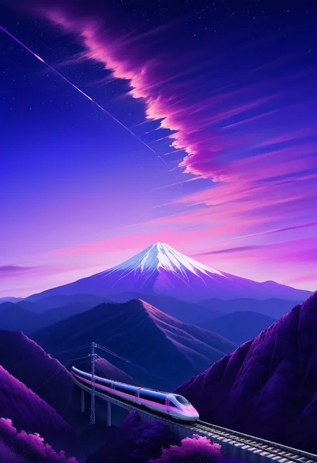 ultra realistic, drawing style, HIGH-SPEED TRAIN journey through mountainous landscape at twilight. Dramatic sky filled with pink and purple clouds, scattered stars. Modern bullet train (white/blue, sleek design, glowing headlights) on tracks along steep mountain ridge. Electric power lines parallel to tracks. Deep mountain valleys fade into distance. Purple color palette dominates, creating dreamlike atmosphere. Landscape shows atmospheric perspective with mountains in graduating purple tones. Synthwave aesthetic with surreal lighting. Composition emphasizes movement and scale, contrasting modern technology against timeless nature