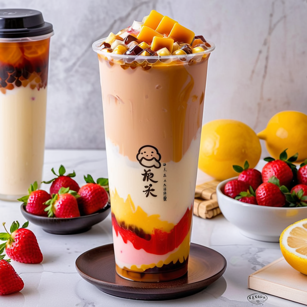 Generate a photo-realistic image of a unique pearl milk tea, creatively composed of layers made from strawberries, lemons, cheese, and chocolate. Each layer distinctively represents its ingredient, showcasing vibrant colors and textures that entice the viewer. The pearls themselves should appear as if they are made from each of these flavors, adding a whimsical twist to the traditional beverage. The cup is clear, allowing all layers to be visible, with 'BOBOTEA' artistically written on its surface. The overall composition should be visually appealing, inviting one to taste this innovative concoction, <lora:tteaw:0.8>