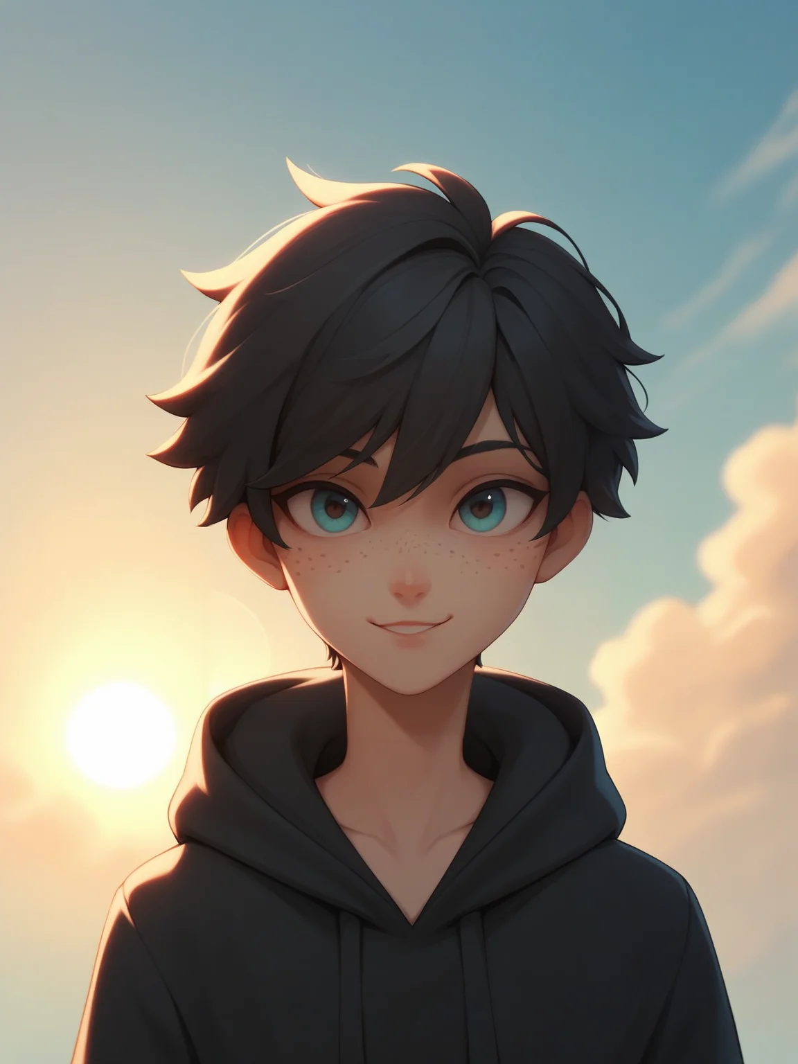 score_9,score_8_up,score_7_up, soberb boy, confident light smile, pale skin, black hair, freckles, cute petite sexy, black hoodie coat, flerting, cloudy blue sky background, lens flare, sun lighting
<lora:detailed_hands:1>