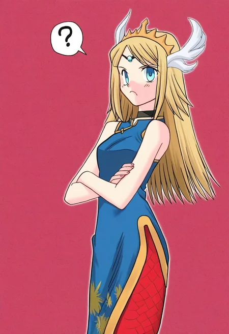 masterpiece, best quality, absurdres, highres,
PADechidnaE,1girl, lamia, monster girl, blonde hair, blue eyes,
tail, red scale,headdress,choker,
black china dress, chinese clothes, confused, baffled, dumbfounded, facefault, funny, comedy, question mark background
,<lora:Tsukihime NXL:1>