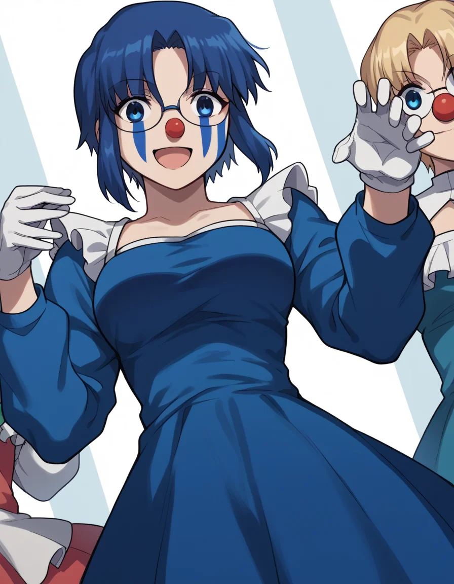score_9, score_8_up, score_7_up, source_anime, <lora:carnivalphantasm-ciel-ova-ponyxl-lora-nochekaiser:1>, ciel, short hair, blue hair, blue eyes, glasses, ciel (tsukihime), large breasts,, <lora:clown-ponyxl-lora-nochekaiser:1>, clown, makeup, clown nose, facepaint, gloves, long sleeves, frills, dress,, smile, open mouth, smug, , dutch angle, cowboy shot