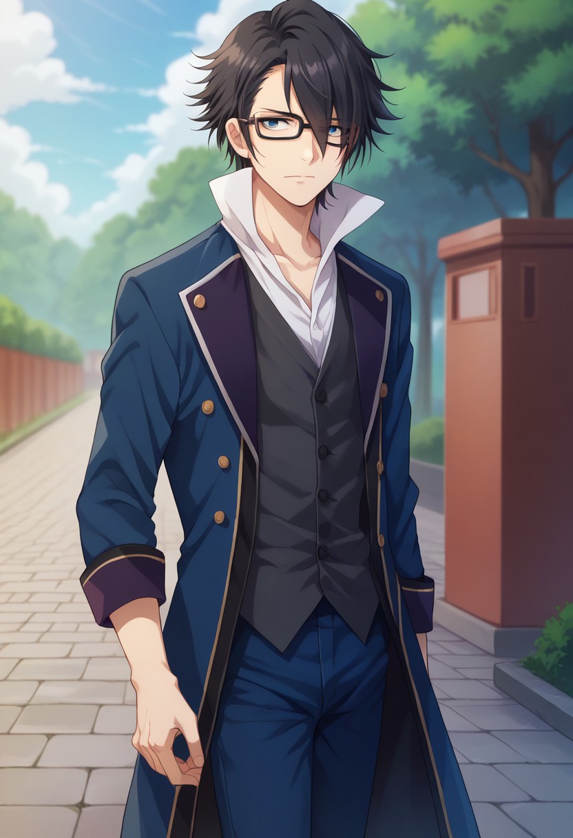 score_9, score_8_up, score_7_up, source_anime, highly detailed, 

saruhiko, 1boy, male focus, solo, black hair, hair over one eye, blue eyes, glasses, shirt, white shirt, high collar, vest, jacket, blue jacket, coat, pants, blue pants,

outdoor,
