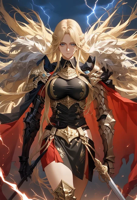 score_9, score_8_up, score_7_up, score_6_up, RAW, 8k, source_real, source_anime, cowboy shot, mlbszw, eldringpxl, elden ring, 1girl, solo, alternate costume, electricity, red lightning, dragon lord, dragon knight, full armor, plate armor, black armor, gold trim, breastplate, shoulder armor, pauldrons, armored boots, cuisses, gauntlets, holding sword, straight sword, crossguard, long hair, breasts, looking at viewer, blonde hair, very long hair, blue eyes, large breasts, military uniform, black cape, red cape, fur-trimmed cape, dragonlord placidusax, Expressiveh, azur lane,