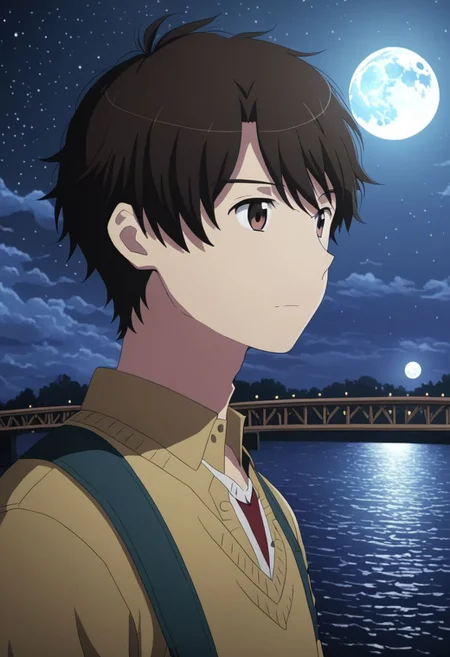 high resolution, solo, best quality, 1Boy, Inaho Kaizuka, Black Hair, Brown Eyes, depth of field, moon, fantastic night, dreamlike, midle of bridge, OverallDetail