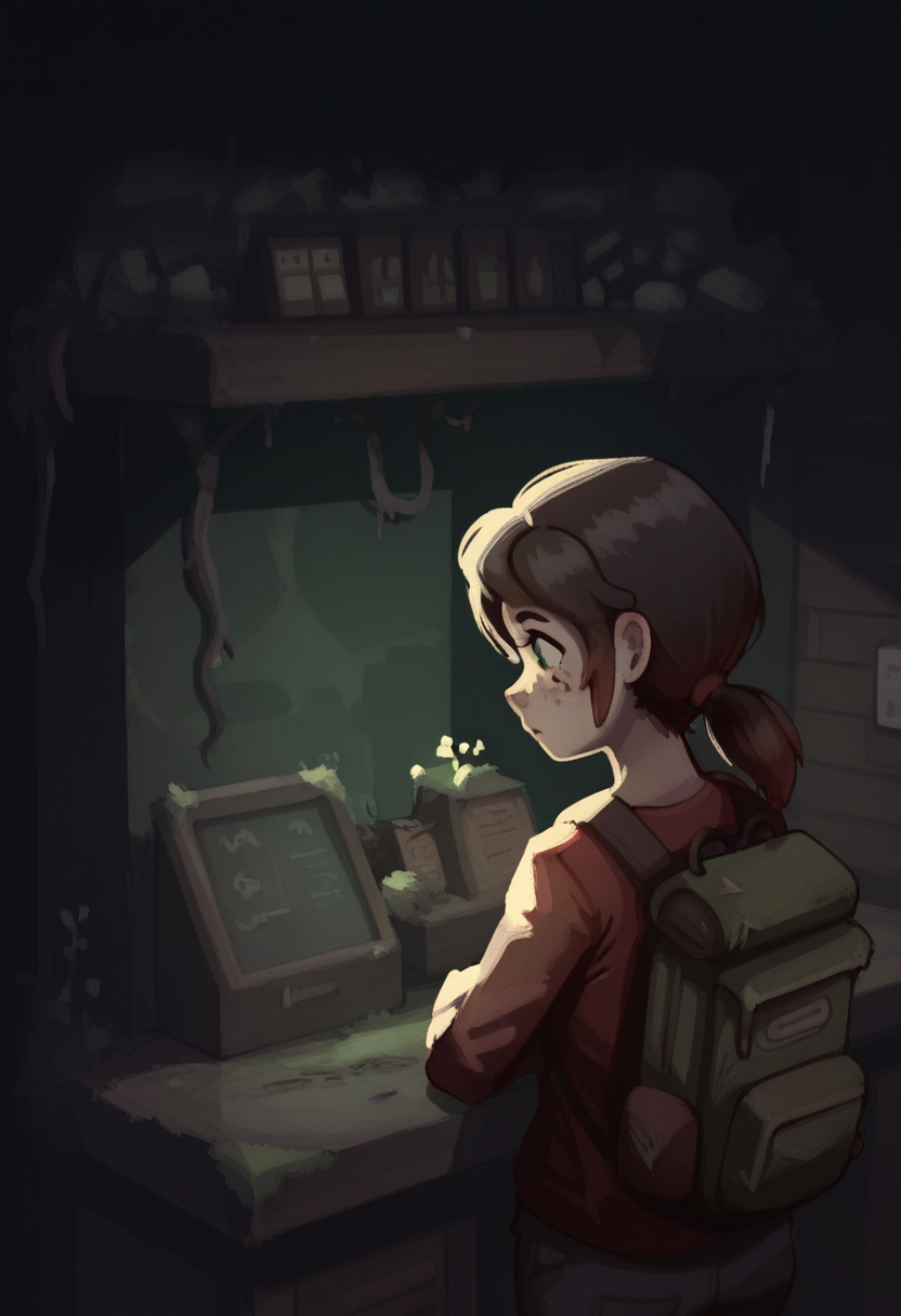 j4nk1style,   masterpiece, best quality, solo, ellie\(the last of us\), green eyes, ponytail, freckles, store, moss, vines, backpack,,  red shirt, aisles, dark, counter, register