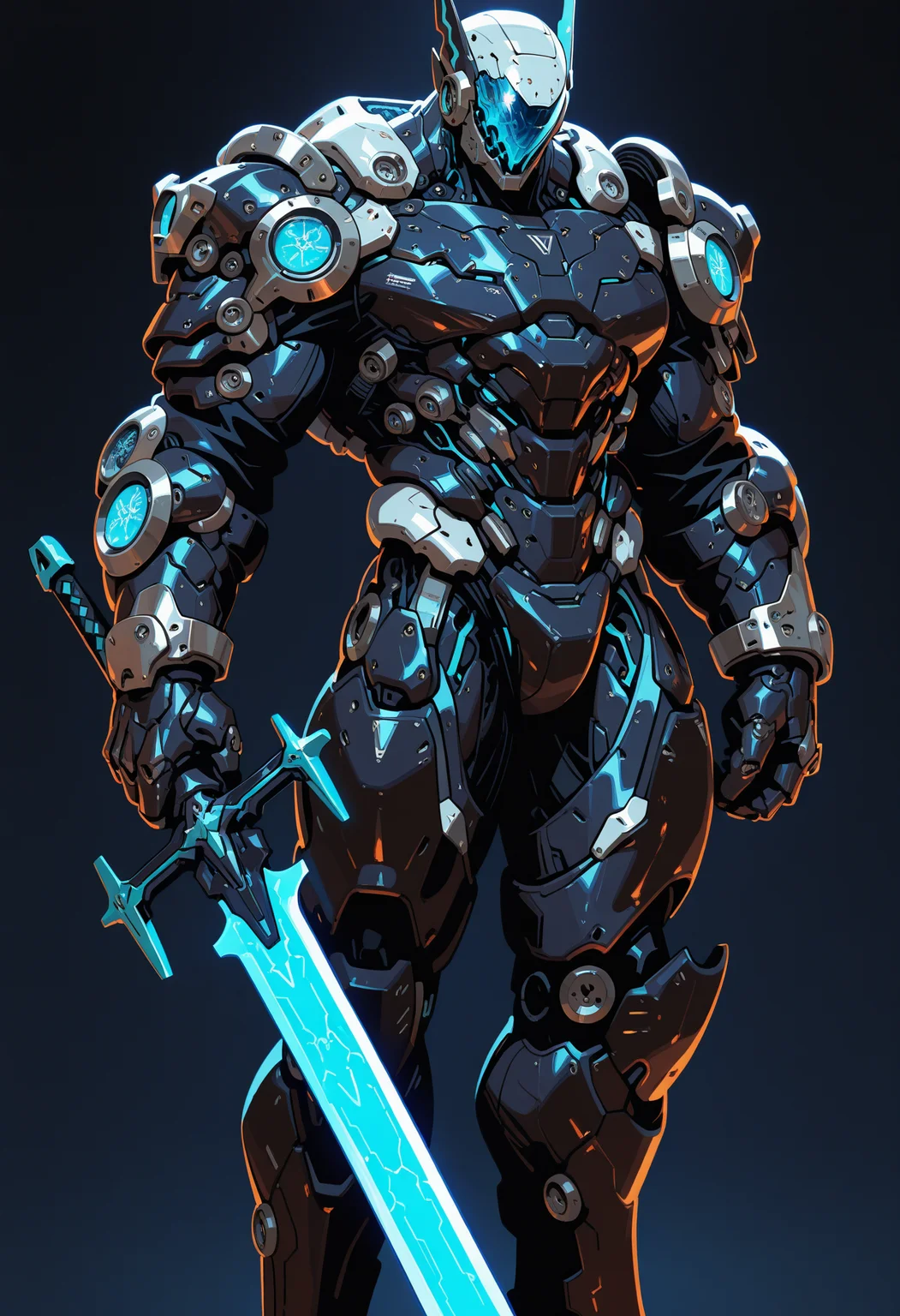 masterpiece, best quality, amazing quality, intricate detail, highly detailed,
<lora:ArmorPunkILLUSTRIOUS:1> arm0rpunkv4
1boy, man, mechanical armor, solo, robot, standing, simple background, armor, holding sword, shoulder armor, gauntlets, full armor, Electric Blue and Midnight Blue,